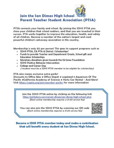 A screen shot of SDHS's PTSA flyer to join the PTSA with detailed information and QR Code